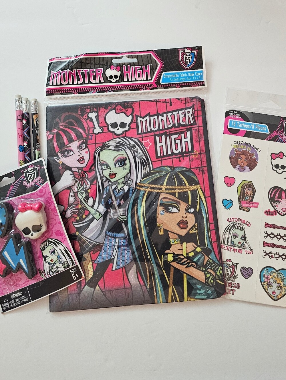 Monster High School Stretch Book Cover, Eraser, Pencils & Temp Tattoo Gift Set
